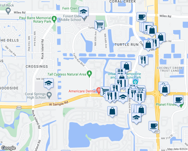 map of restaurants, bars, coffee shops, grocery stores, and more near 3715 Turtle Run Boulevard in Coral Springs