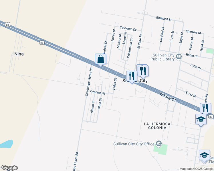 map of restaurants, bars, coffee shops, grocery stores, and more near 152 Pino Street in Sullivan City