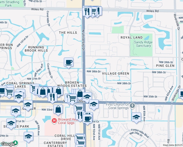 map of restaurants, bars, coffee shops, grocery stores, and more near 9150 Northwest 38th Drive in Coral Springs