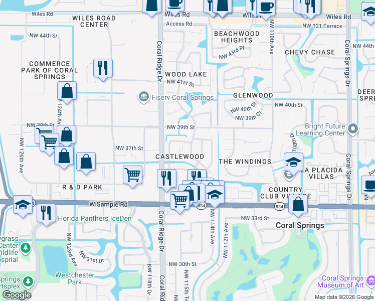 map of restaurants, bars, coffee shops, grocery stores, and more near 3730 Northwest 115th Avenue in Coral Springs