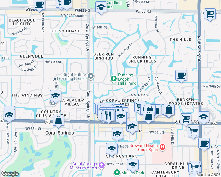 map of restaurants, bars, coffee shops, grocery stores, and more near 3860 Northwest 102nd Avenue in Coral Springs