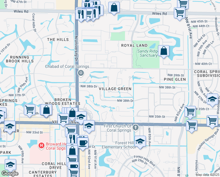 map of restaurants, bars, coffee shops, grocery stores, and more near 3805 Northwest 89th Way in Coral Springs