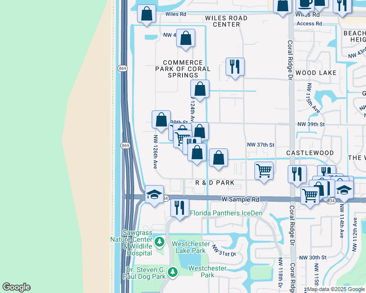 map of restaurants, bars, coffee shops, grocery stores, and more near 3784 Northwest 124th Avenue in Coral Springs