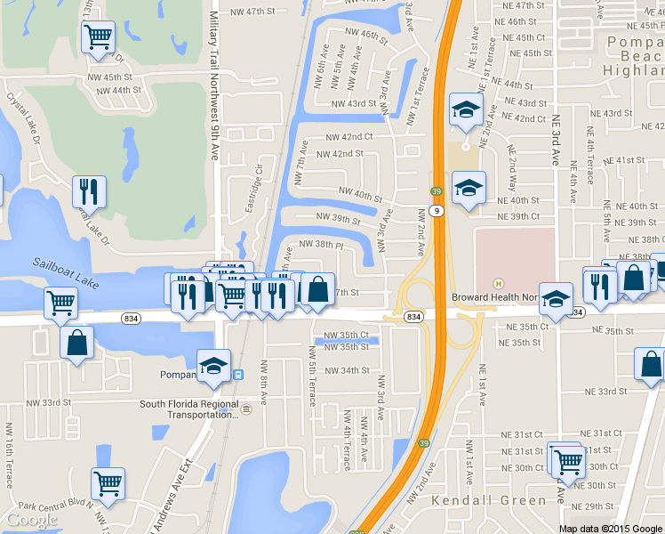 map of restaurants, bars, coffee shops, grocery stores, and more near 3821 Northwest 4th Avenue in Pompano Beach