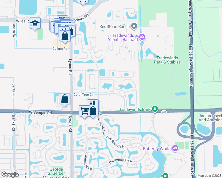 map of restaurants, bars, coffee shops, grocery stores, and more near 4101 Coral Tree Circle in Coconut Creek