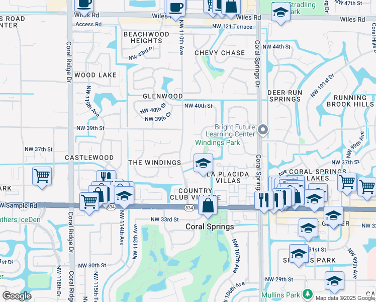 map of restaurants, bars, coffee shops, grocery stores, and more near 3730 Northwest 109th Avenue in Coral Springs