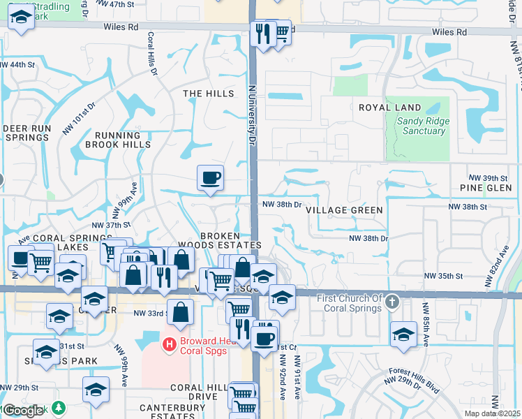 map of restaurants, bars, coffee shops, grocery stores, and more near 9220 Northwest 38th Drive in Coral Springs