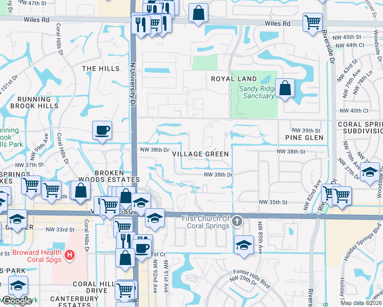 map of restaurants, bars, coffee shops, grocery stores, and more near 3805 Northwest 89th Way in Coral Springs