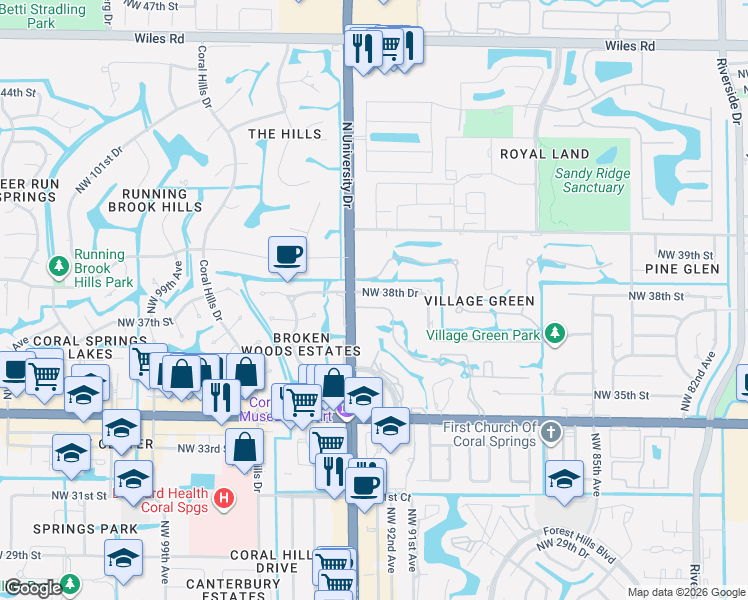 map of restaurants, bars, coffee shops, grocery stores, and more near 9150 Northwest 38th Drive in Coral Springs