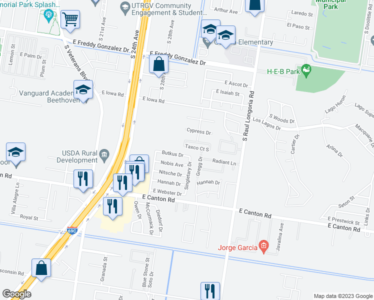 map of restaurants, bars, coffee shops, grocery stores, and more near 2108 Taxco Court in Edinburg