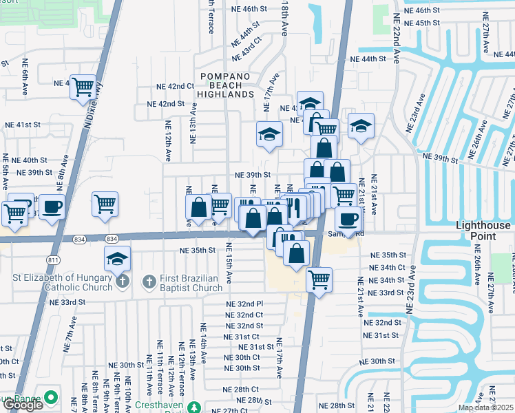 map of restaurants, bars, coffee shops, grocery stores, and more near 3730 Northeast 16th Avenue in Pompano Beach