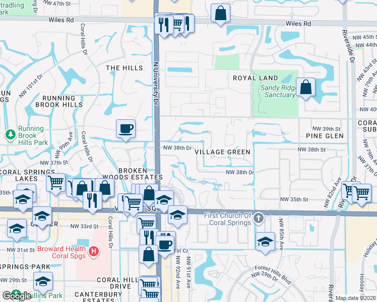 map of restaurants, bars, coffee shops, grocery stores, and more near 9020 Northwest 38th Drive in Coral Springs