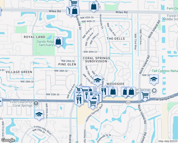 map of restaurants, bars, coffee shops, grocery stores, and more near 3801 Northwest 79th Avenue in Coral Springs