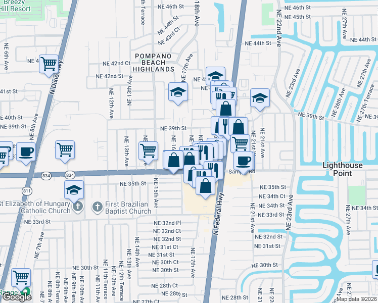 map of restaurants, bars, coffee shops, grocery stores, and more near 3730 Northeast 17th Avenue in Pompano Beach