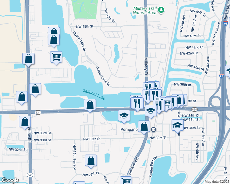 map of restaurants, bars, coffee shops, grocery stores, and more near 3801 Crystal Lake Drive in Pompano Beach