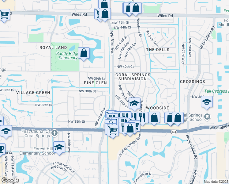 map of restaurants, bars, coffee shops, grocery stores, and more near 3750 Riverside Drive in Coral Springs