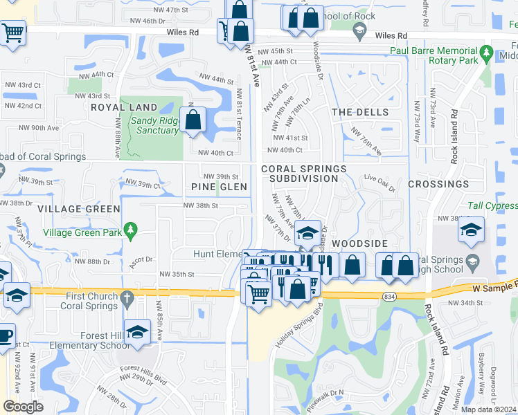 map of restaurants, bars, coffee shops, grocery stores, and more near 3750 Riverside Drive in Coral Springs