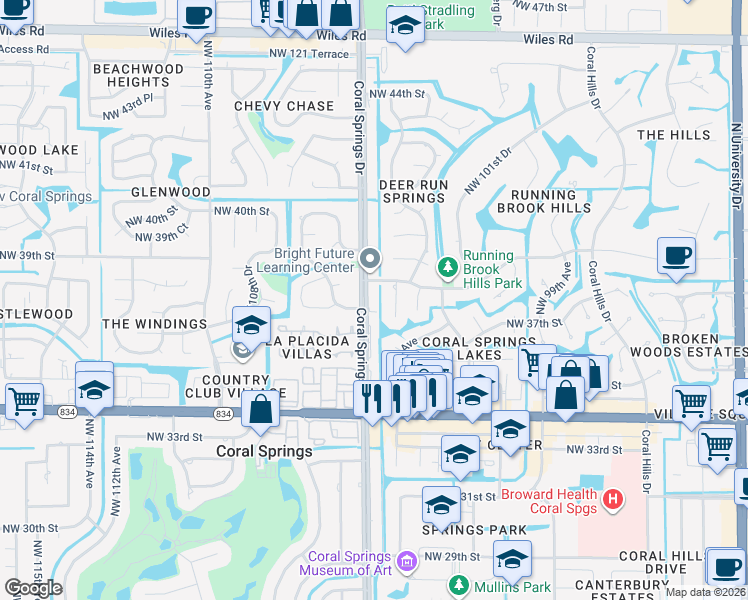 map of restaurants, bars, coffee shops, grocery stores, and more near 10515 Northwest 37th Street in Coral Springs
