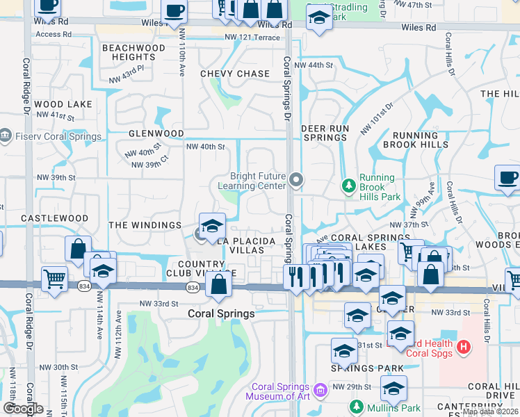 map of restaurants, bars, coffee shops, grocery stores, and more near 3710 Northwest 106th Drive in Coral Springs
