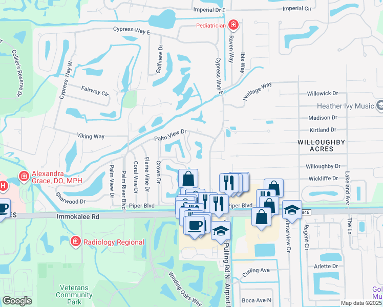 map of restaurants, bars, coffee shops, grocery stores, and more near 165 Pebble Shores Drive in Naples
