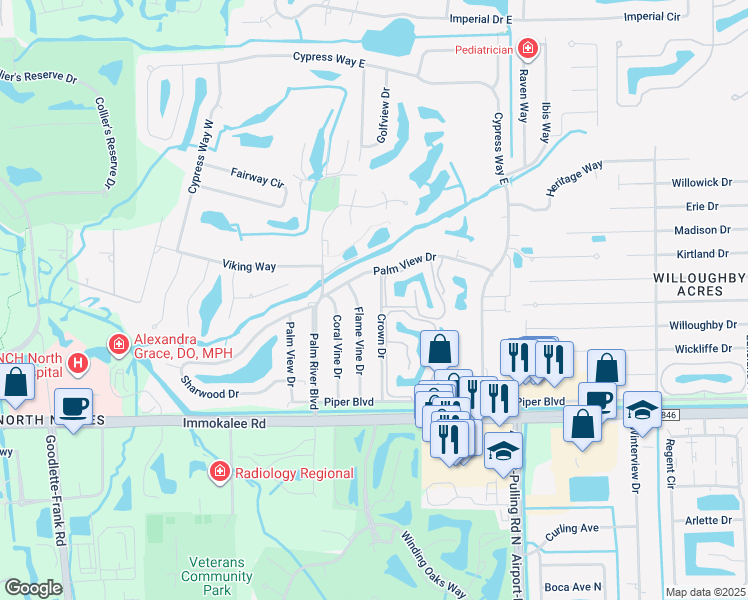 map of restaurants, bars, coffee shops, grocery stores, and more near 165A Crown Drive in Naples