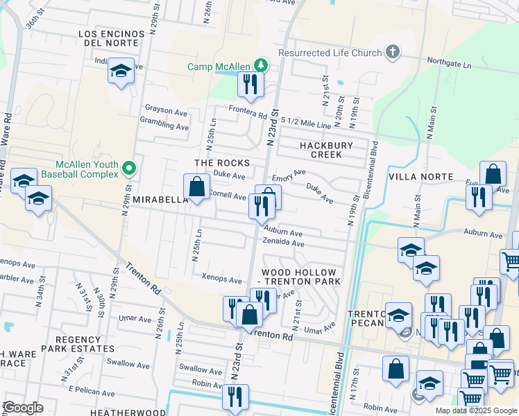 map of restaurants, bars, coffee shops, grocery stores, and more near 8014 North 23rd Street in McAllen
