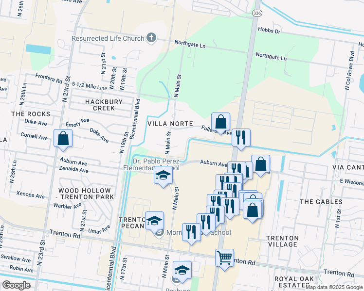 map of restaurants, bars, coffee shops, grocery stores, and more near 1400 Duke Avenue in McAllen