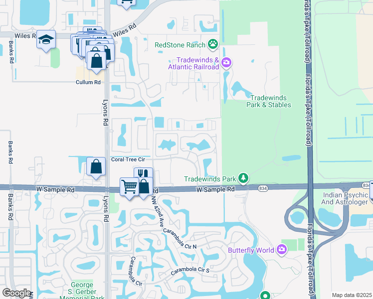 map of restaurants, bars, coffee shops, grocery stores, and more near 3892 Coral Tree Circle in Coconut Creek