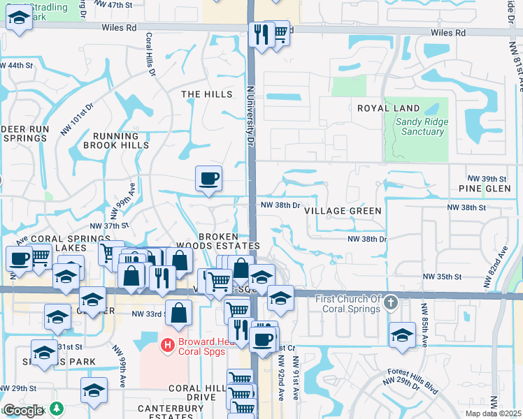 map of restaurants, bars, coffee shops, grocery stores, and more near 9220 Northwest 38th Drive in Coral Springs