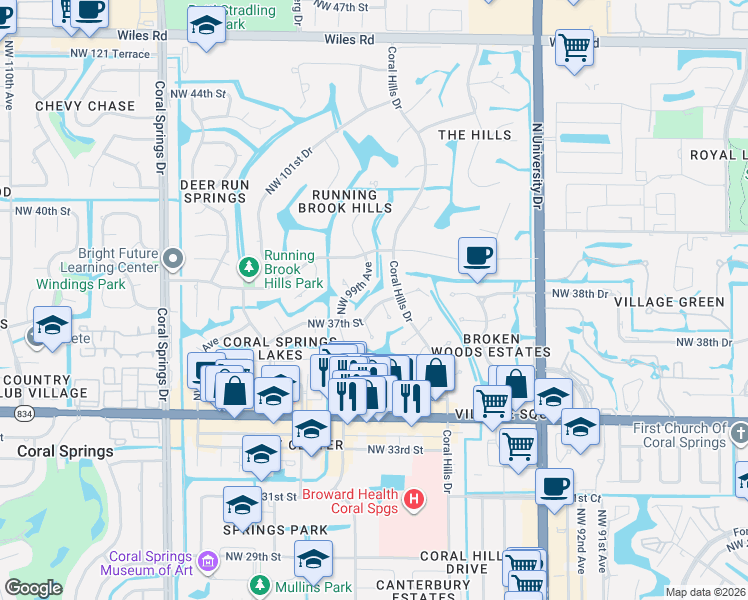 map of restaurants, bars, coffee shops, grocery stores, and more near 9811 Northwest 37th Street in Coral Springs