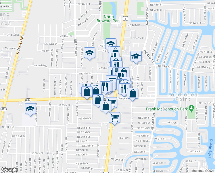 map of restaurants, bars, coffee shops, grocery stores, and more near 3731 Northeast 18th Terrace in Pompano Beach