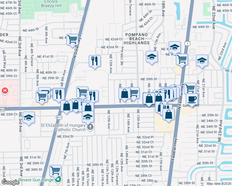 map of restaurants, bars, coffee shops, grocery stores, and more near 3730 Northeast 12th Terrace in Pompano Beach