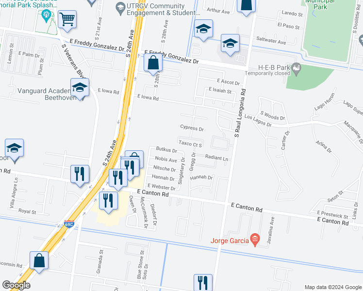 map of restaurants, bars, coffee shops, grocery stores, and more near 2110 Taxco Court in Edinburg