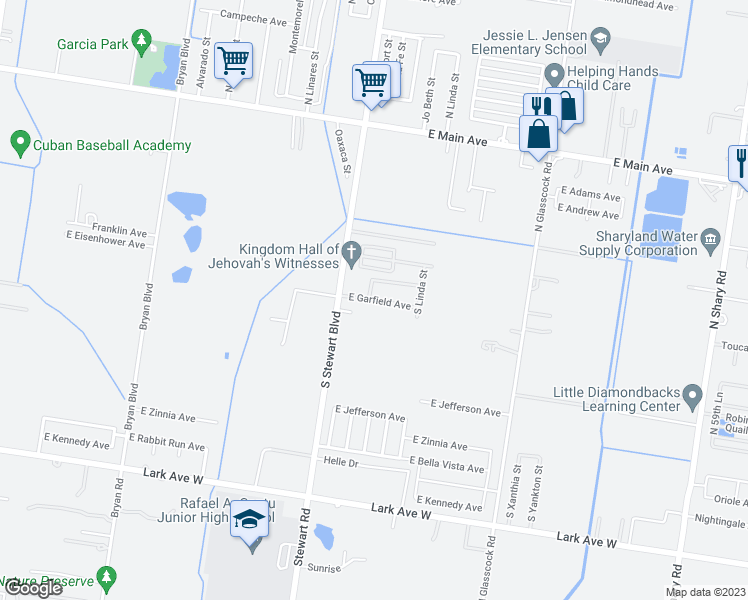 map of restaurants, bars, coffee shops, grocery stores, and more near 2608 East Garfield Avenue in Mission