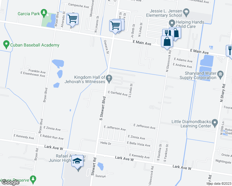 map of restaurants, bars, coffee shops, grocery stores, and more near 2905 East Garfield Avenue in Mission