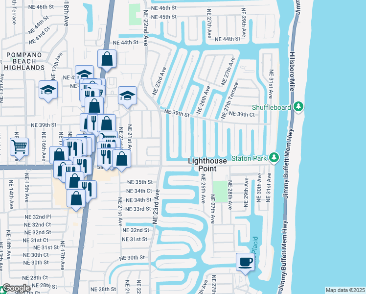 map of restaurants, bars, coffee shops, grocery stores, and more near 3731 Northeast 25th Avenue in Lighthouse Point