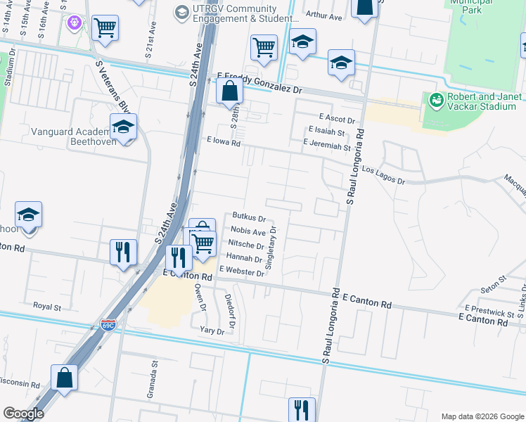 map of restaurants, bars, coffee shops, grocery stores, and more near 1903 Butkus Drive in Edinburg