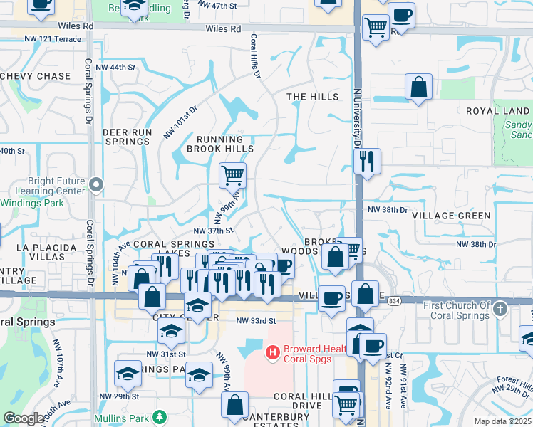 map of restaurants, bars, coffee shops, grocery stores, and more near 9605 Northwest 37th Street in Coral Springs