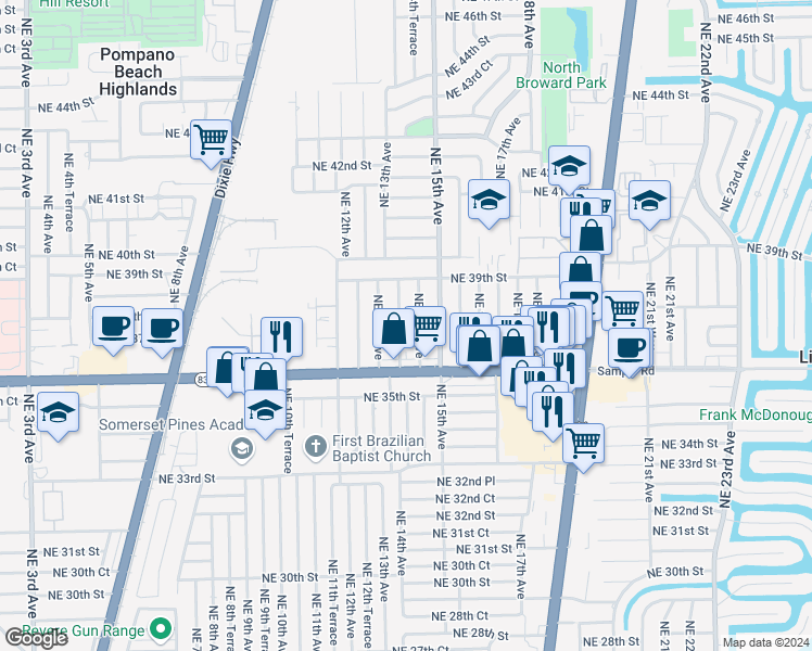 map of restaurants, bars, coffee shops, grocery stores, and more near 3720 Northeast 13th Terrace in Pompano Beach