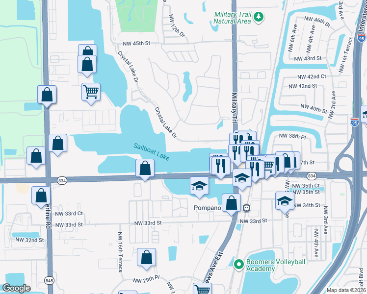 map of restaurants, bars, coffee shops, grocery stores, and more near 3801 Crystal Lake Drive in Pompano Beach