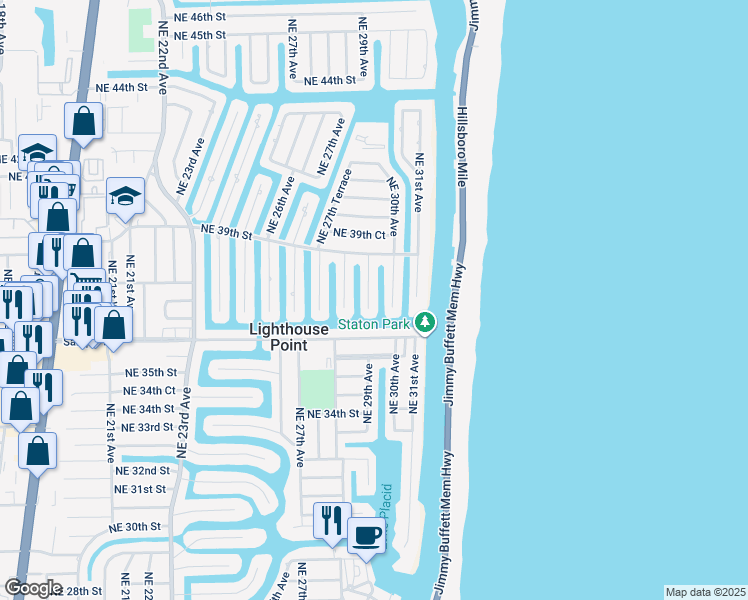 map of restaurants, bars, coffee shops, grocery stores, and more near 3720 Northeast 29th Avenue in Lighthouse Point