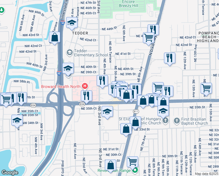 map of restaurants, bars, coffee shops, grocery stores, and more near 420 Northeast 38th Street in Pompano Beach