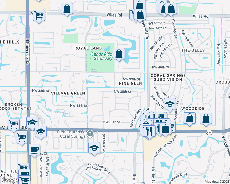 map of restaurants, bars, coffee shops, grocery stores, and more near 8306 Northwest 38th Street in Coral Springs