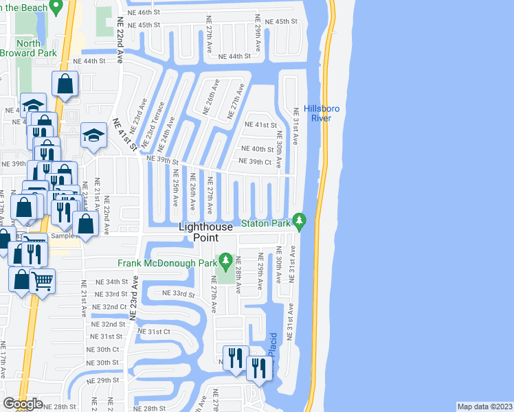 map of restaurants, bars, coffee shops, grocery stores, and more near 3720 Northeast 29th Avenue in Lighthouse Point