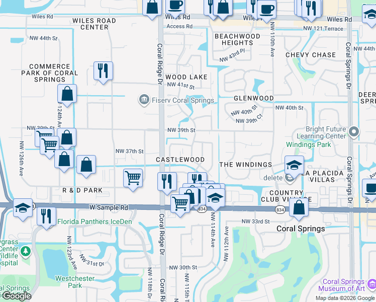 map of restaurants, bars, coffee shops, grocery stores, and more near 3730 Northwest 115th Avenue in Coral Springs
