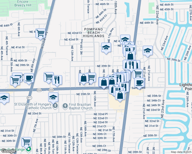 map of restaurants, bars, coffee shops, grocery stores, and more near 3740 Northeast 15th Avenue in Pompano Beach