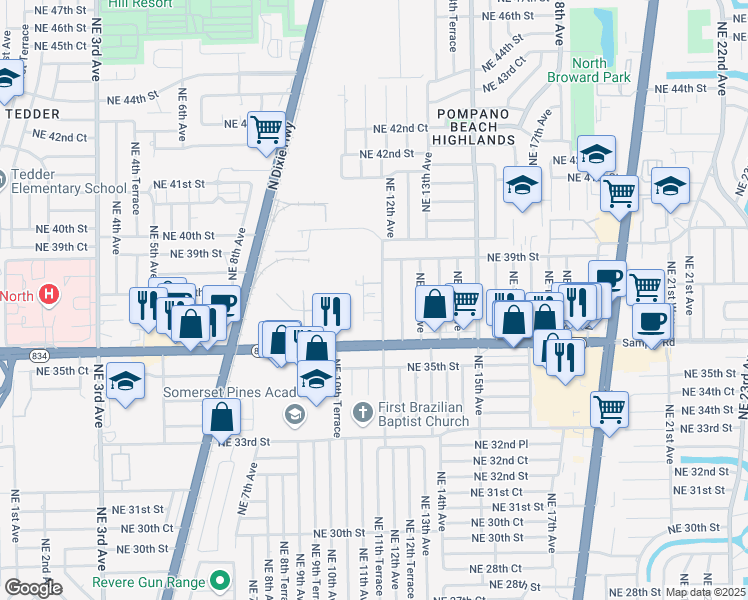 map of restaurants, bars, coffee shops, grocery stores, and more near 3721 Northeast 12th Avenue in Pompano Beach