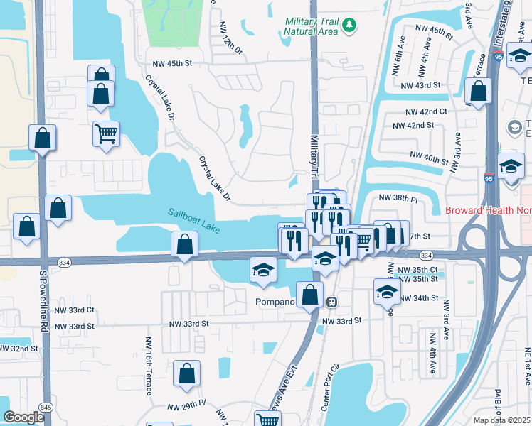 map of restaurants, bars, coffee shops, grocery stores, and more near 1100 Crystal Lake Drive in Pompano Beach