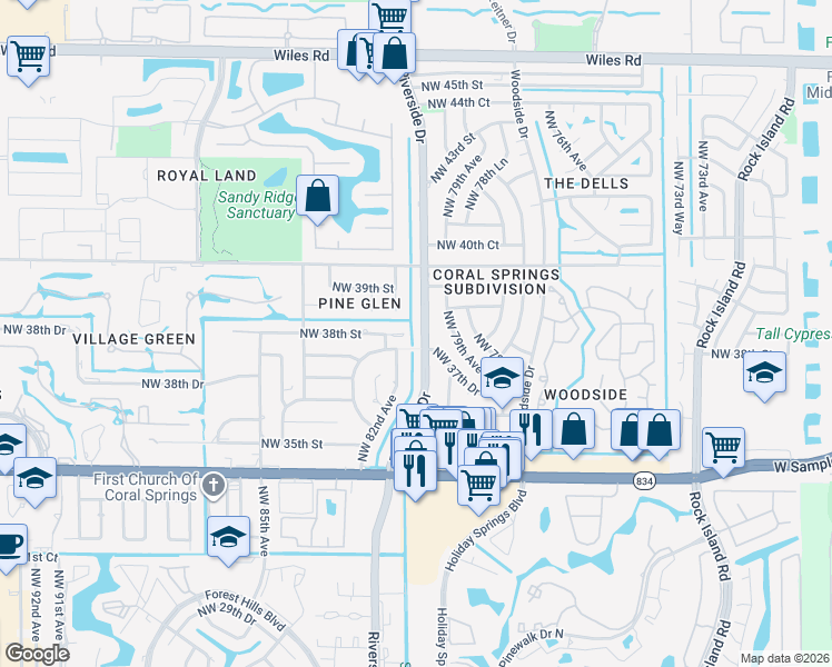 map of restaurants, bars, coffee shops, grocery stores, and more near 3750 Riverside Drive in Coral Springs