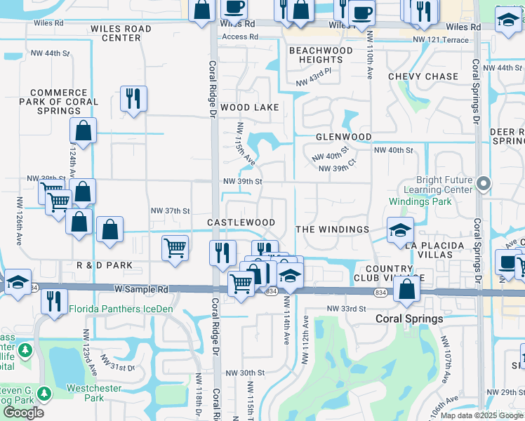 map of restaurants, bars, coffee shops, grocery stores, and more near 3730 Northwest 115th Avenue in Coral Springs